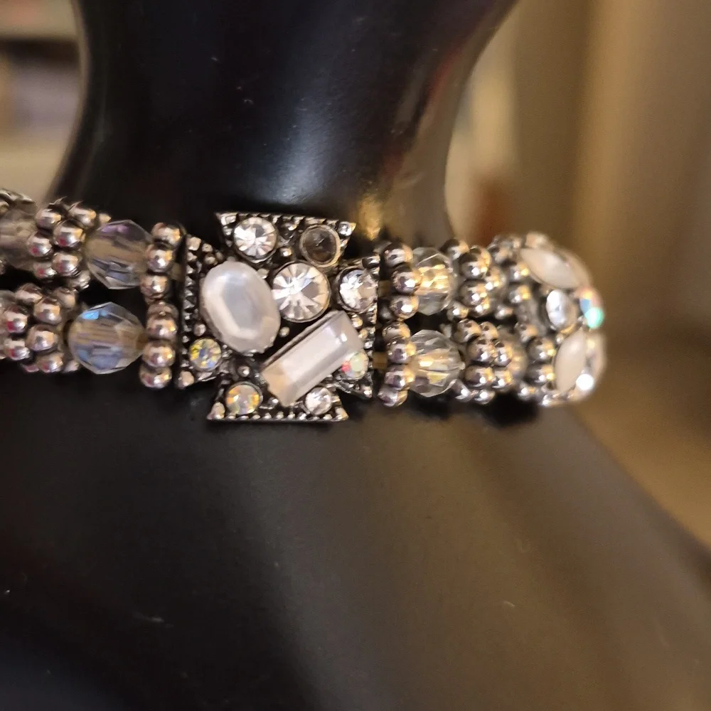 Silver Multi Rhinestone Crystal AB Beaded Stretch Expansion Statement Bracelet